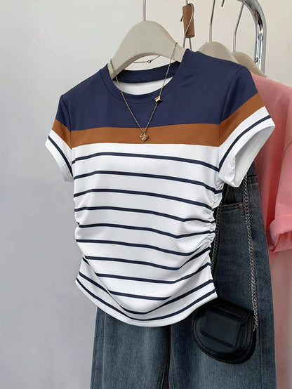 T-shirt pour femme style décontracté à rayures et fronces, manches courtes, col rond, tendance été