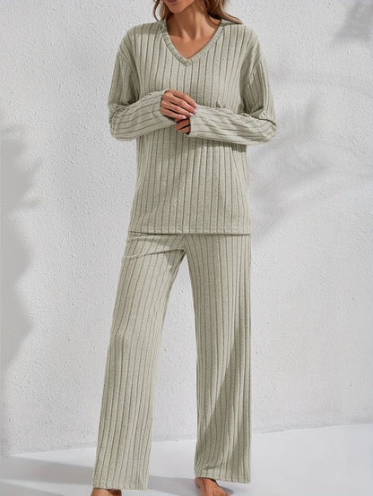 Ensemble détente côtelé Femme col V, pantalon large et haut manches longues