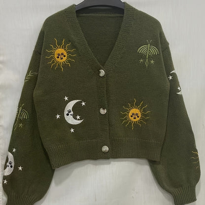 Cardigan court en maille pour femme, col en V, manches longues, motifs soleil et lune brodés