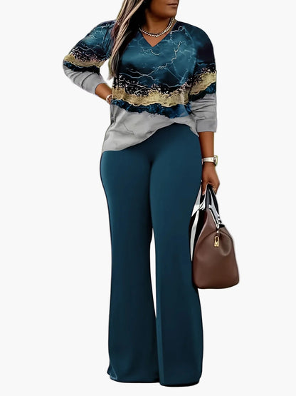 Haut à motif géométrique et pantalon large femme style décontracté pour printemps et été