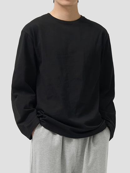 T-shirt Homme Manches Longues Uni Col Rond Ample Noir ou Blanc
