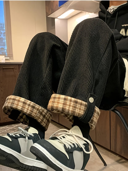 Pantalon large velours côtelé marron coupe décontractée carreaux revers
