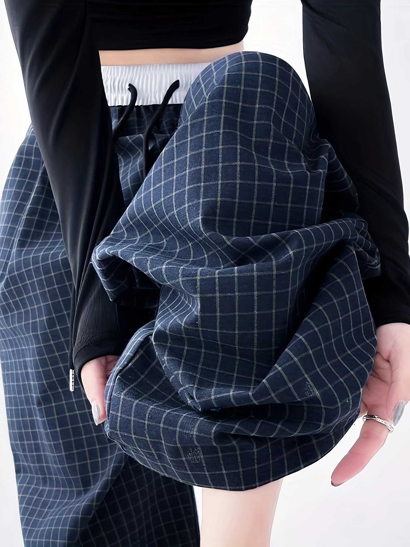 Pantalon large décontracté pour femme style urbain à carreaux