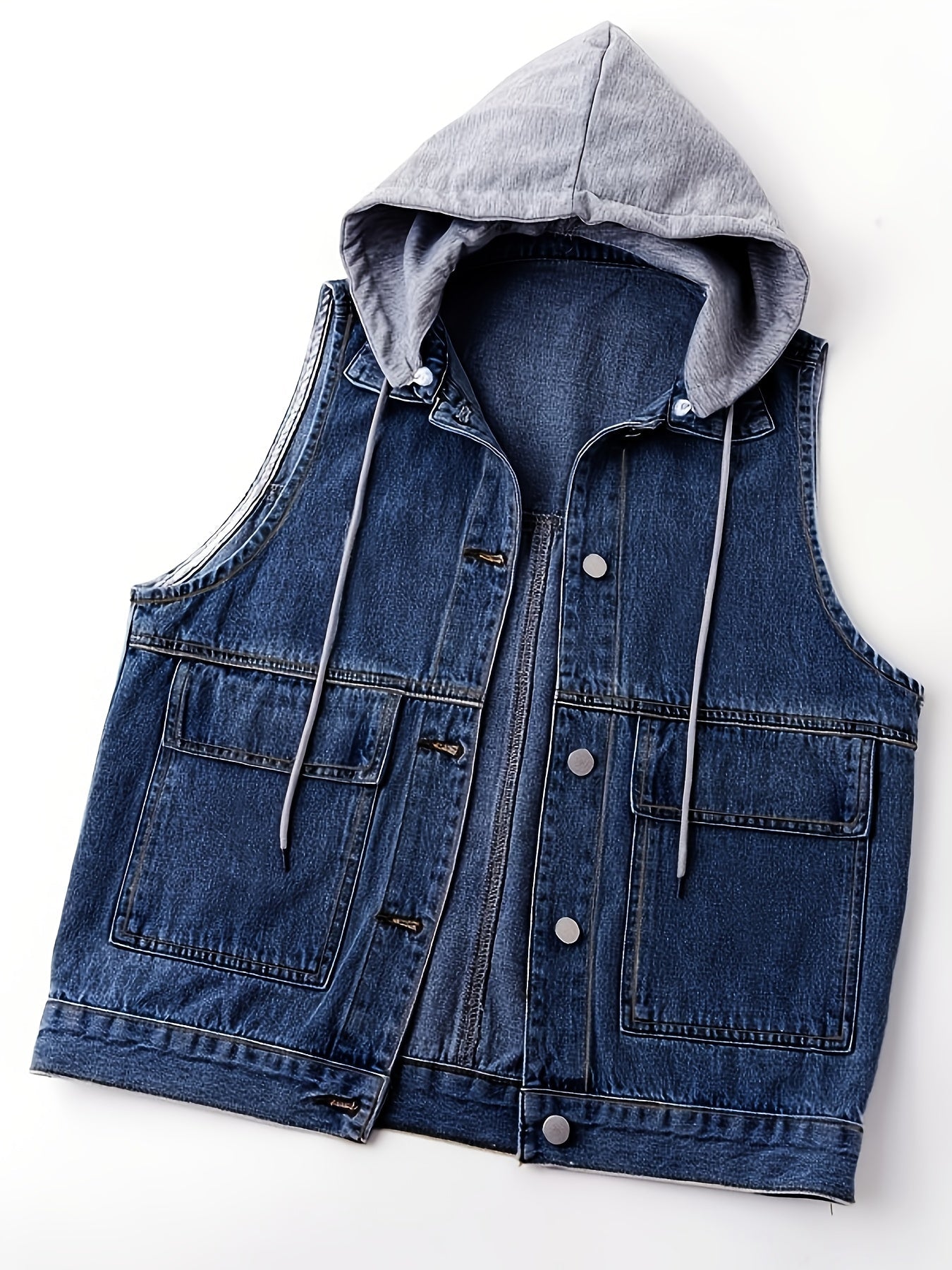 Gilet en jean sans manches avec capuche grise amovible pour femme