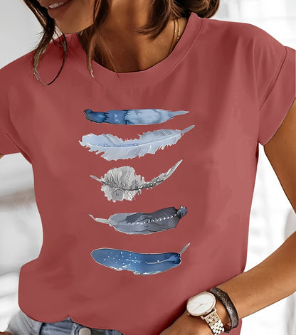T-shirt Femme Style Décontracté avec Motif Plumes Artisitique – Idéal Pour le Printemps et l'Été