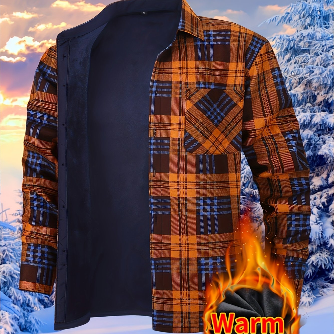Men's Fleece-Lined Plaid Button-Up Shirt Jacket