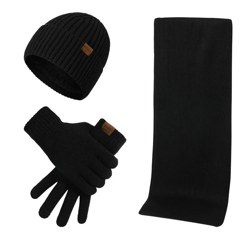 Conjunto de invierno de punto para hombre - Gorro, bufanda y guantes táctiles - Color liso