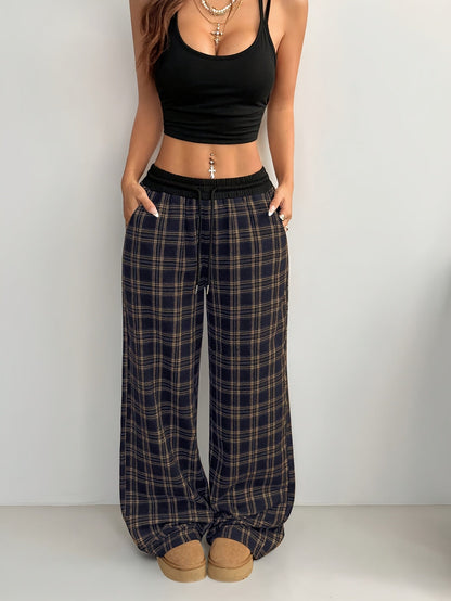 Pantalon large à carreaux style décontracté pour femme, idéal pour la détente ou le week-end