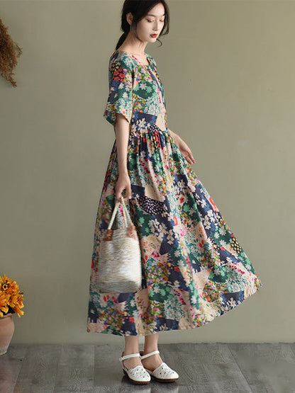 lange vintage jurk voor dames met bloemenprint, bohemien stijl, casual zomer