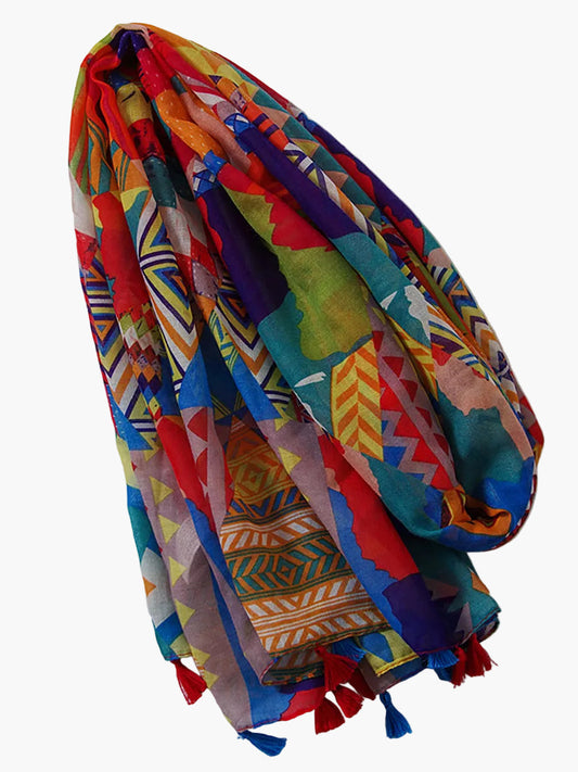 Bohemian women's scarf with geometric print and tassels for all seasons