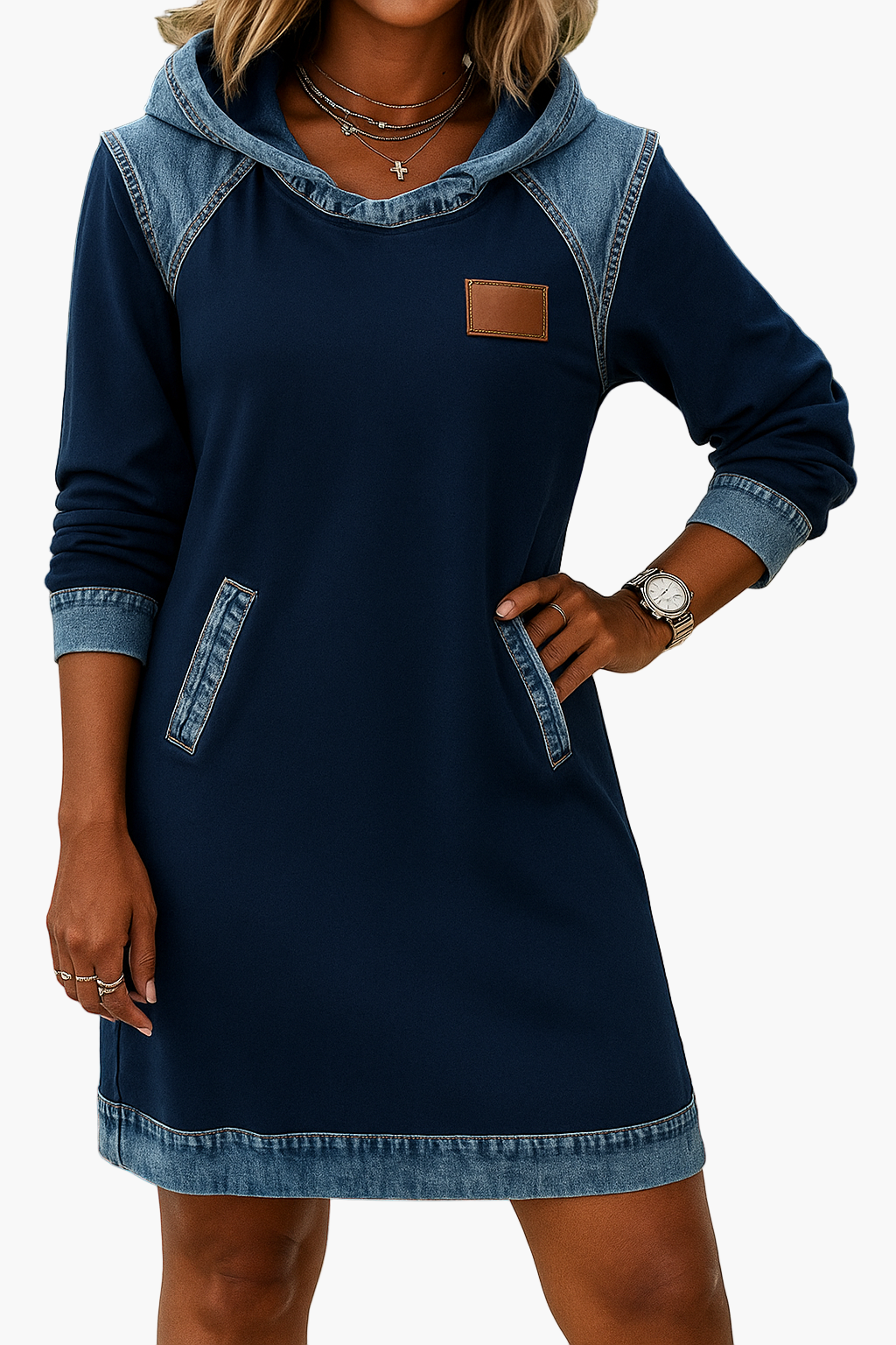 Robe décontractée style sweat à capuche avec détails en denim pour femme