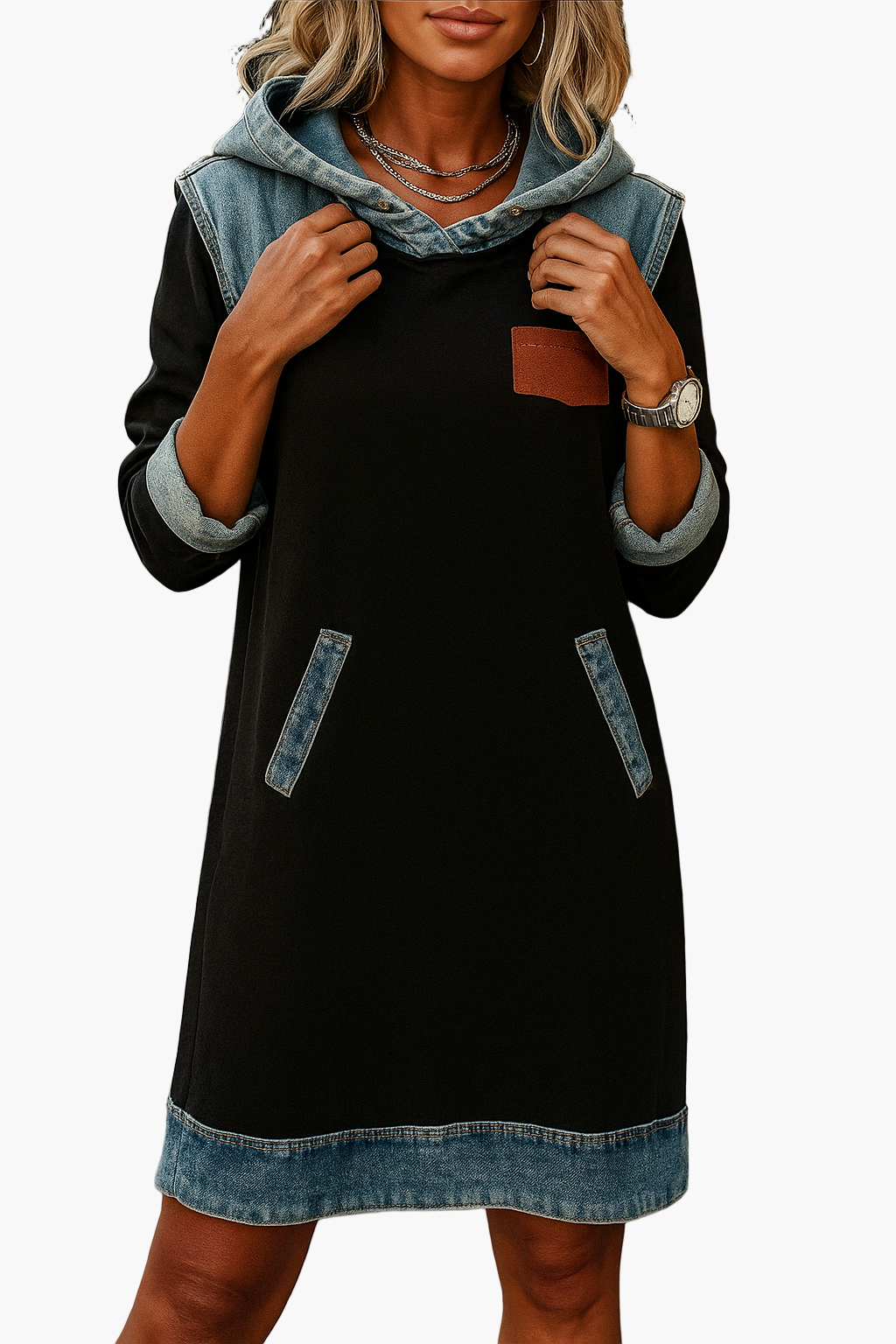 Robe décontractée style sweat à capuche avec détails en denim pour femme