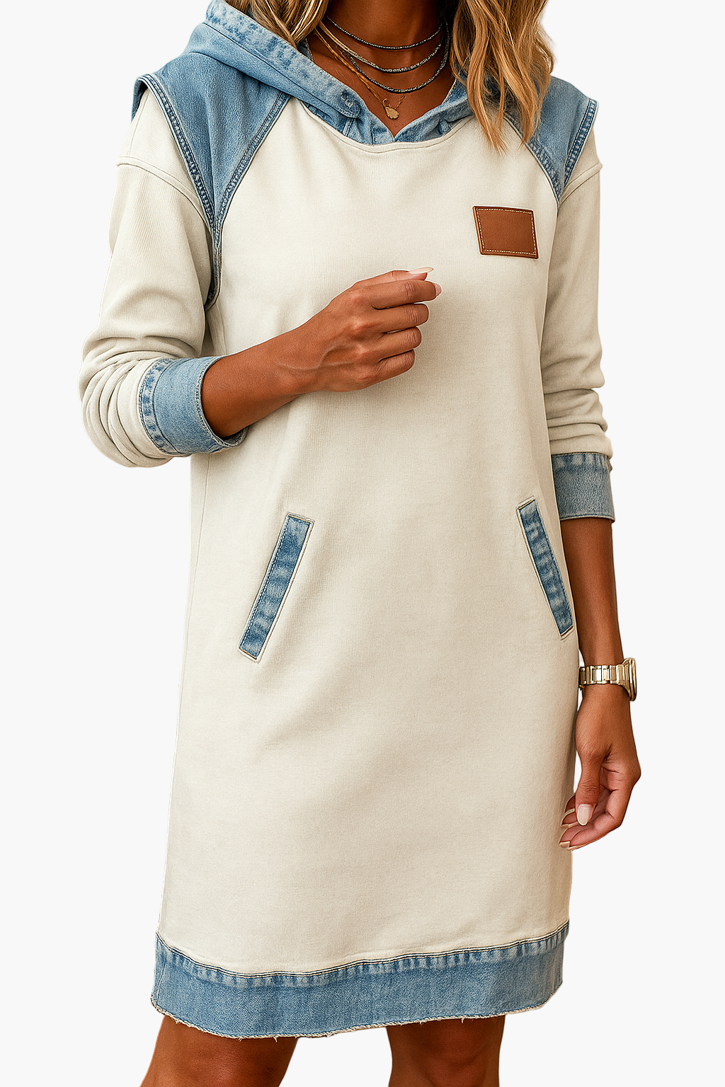 Robe décontractée style sweat à capuche avec détails en denim pour femme
