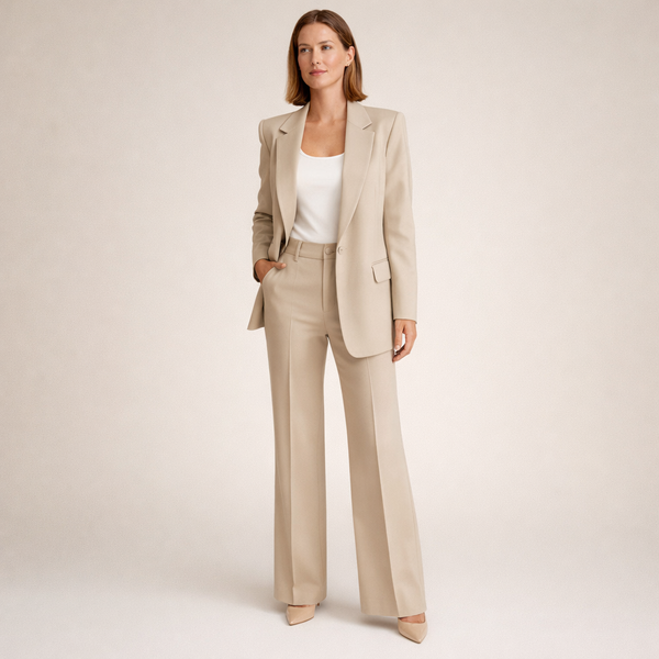 Eleganter Damen-Hosenanzug mit taillierter Jacke und gerader Hose in Beige