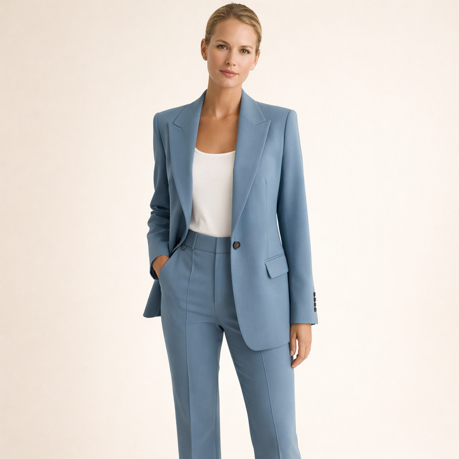 Elegant dresssett til kvinner med jakke og bukse i rett snitt, beige