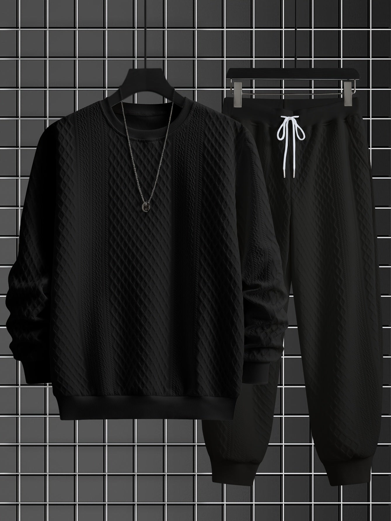 Ensemble Homme Pull Col Rond et Pantalon Jogging Tissé Motif Losanges