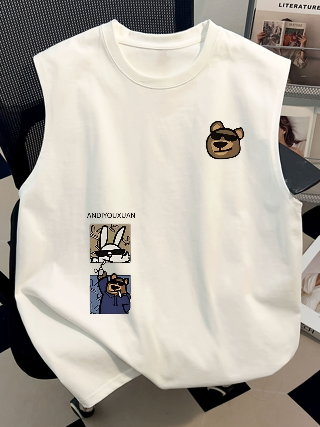 Uniseks mouwloos shirt in streetwearstijl met grappige dierenprints – Trendy stedelijke mode
