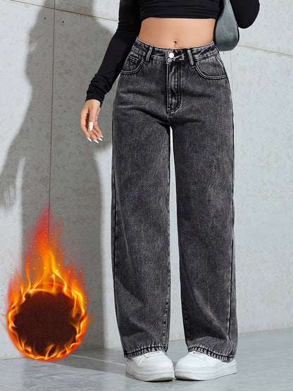 Jean large délavé femme doublé marron taille haute