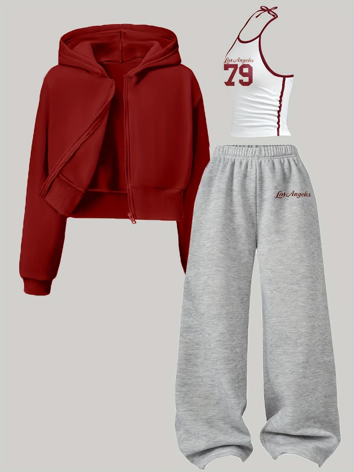 Ensemble Sportif Décontracté Femme 3 Pièces : Sweat à Capuche Court Zippé, Débardeur Halter et Pantalon Large Molletonné