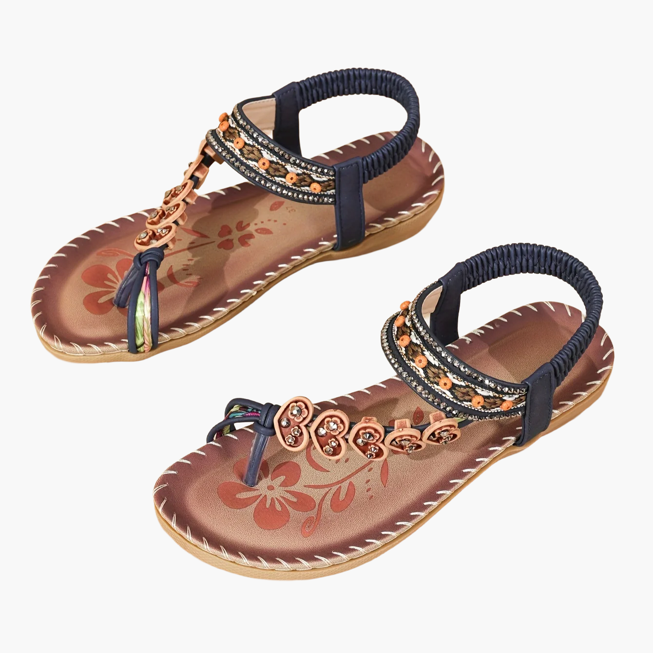 Sandales Tribales pour Femme Style Été avec Ornements Floraux et Bride Cheville
