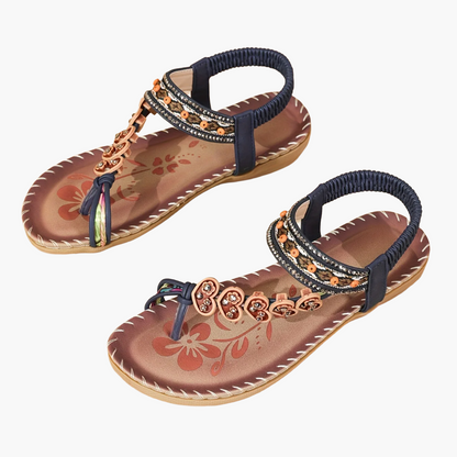 Sandales Tribales pour Femme Style Été avec Ornements Floraux et Bride Cheville