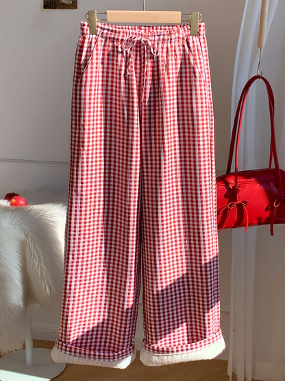 Pantalon de pyjama Doux Vichy Carreaux Rouges et Blancs Doublé Polaire pour Femme