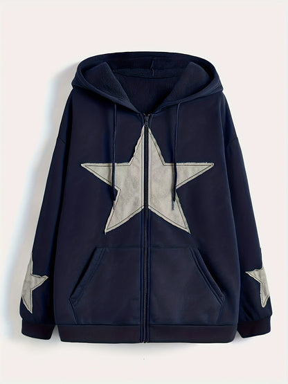 Sweat à capuche zippé marron avec motif étoile gris délavé