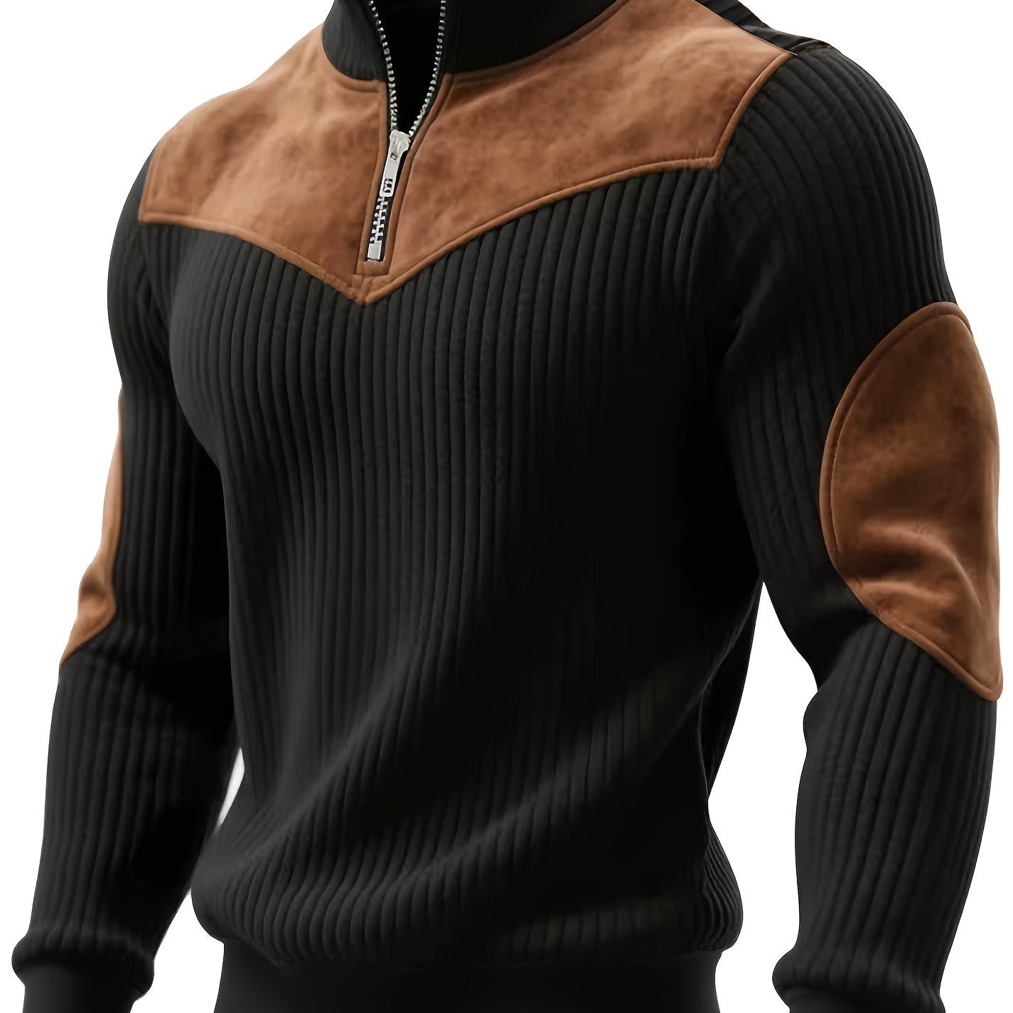 Pull Homme côtelé avec col montant zippé et empiècements suédine