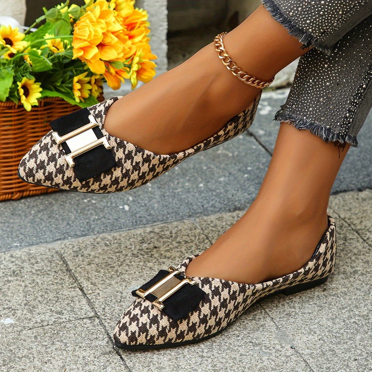 Ballerine donna con motivo pied-de-poule chic ed eleganti per tutti i giorni