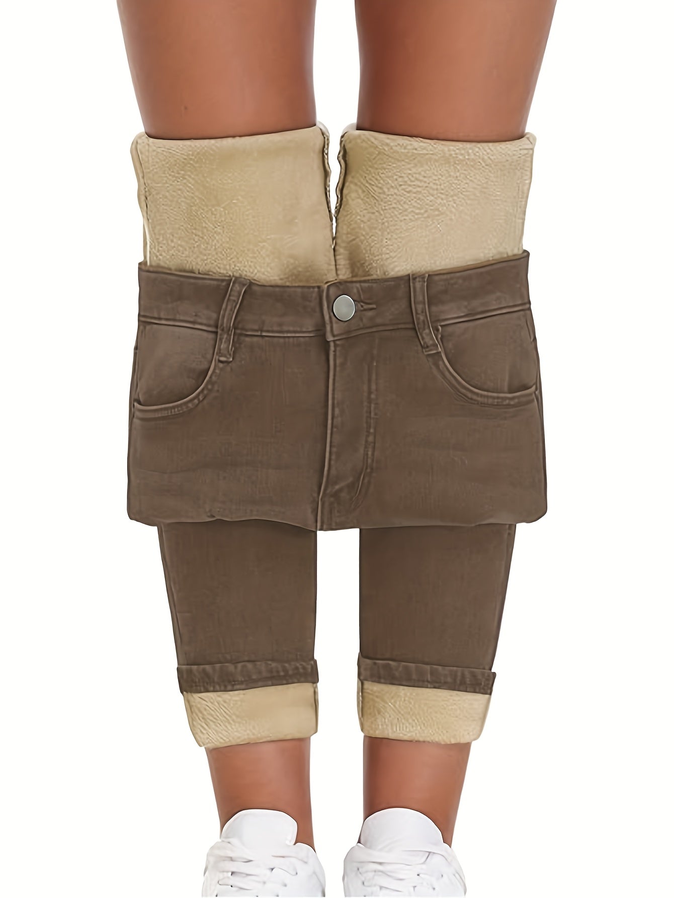 Pantalon doublé polaire pour femme marron, coupe slim, taille haute
