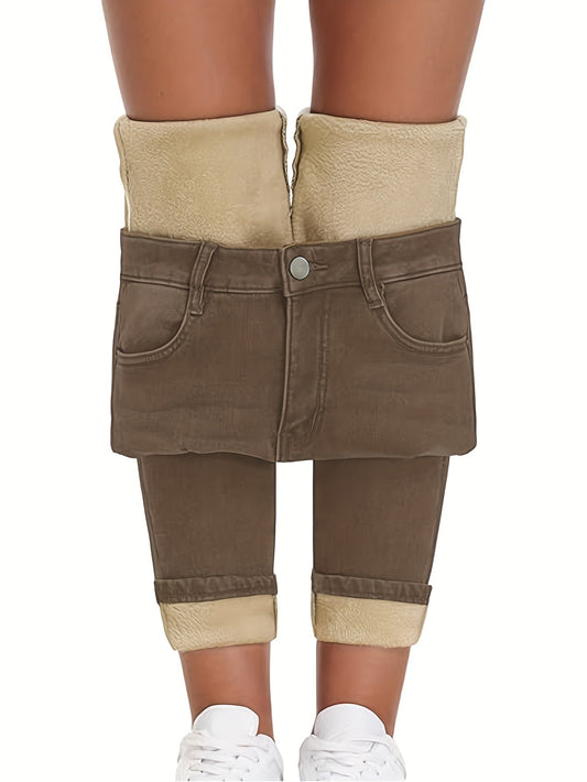 Pantalon doublé polaire pour femme marron, coupe slim, taille haute