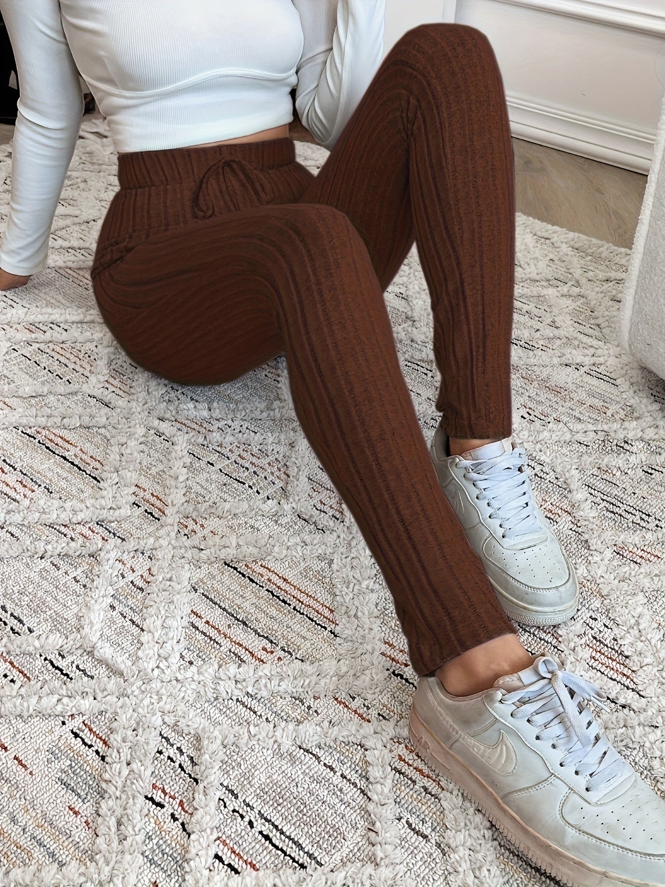 Legging Femme Côtelé Taille Haute Ajustable Confortable Marron Chiné
