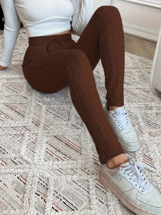 Legging Femme Côtelé Taille Haute Ajustable Confortable Marron Chiné