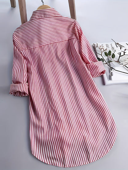 Camicia lunga a righe stile casual da donna, maniche lunghe, ideale per tutti i giorni