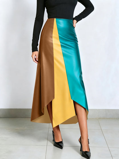 Jupe longue asymétrique femme à blocs de couleurs finition brillante