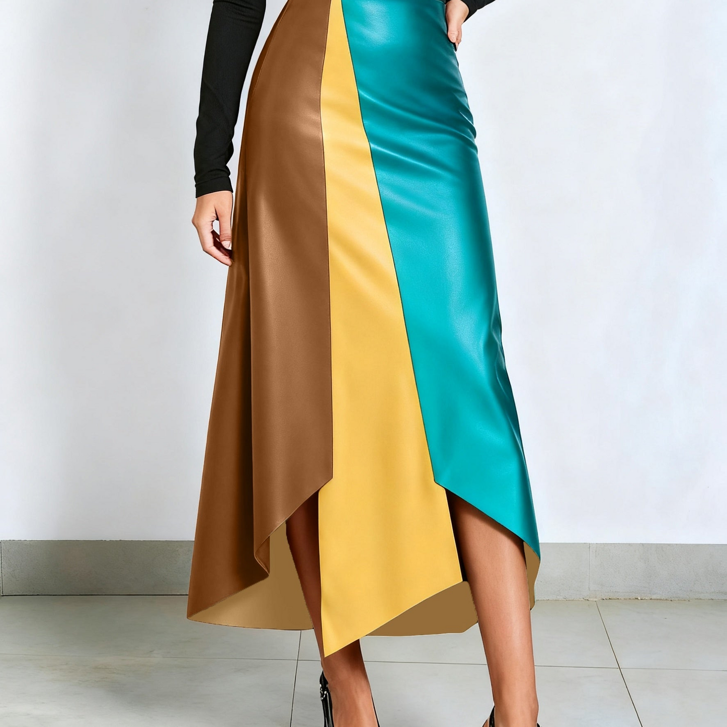 Jupe longue asymétrique femme à blocs de couleurs finition brillante