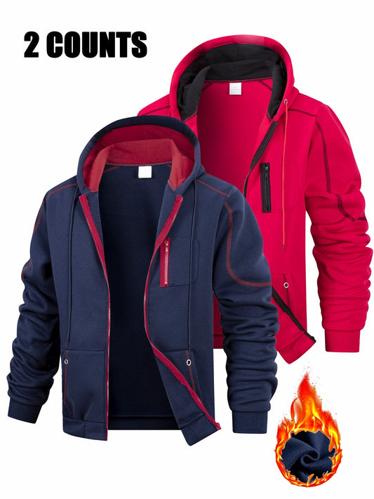 Lot de 2 Hoodies Homme Zippés Bicolores Chauds avec Capuche et Poches
