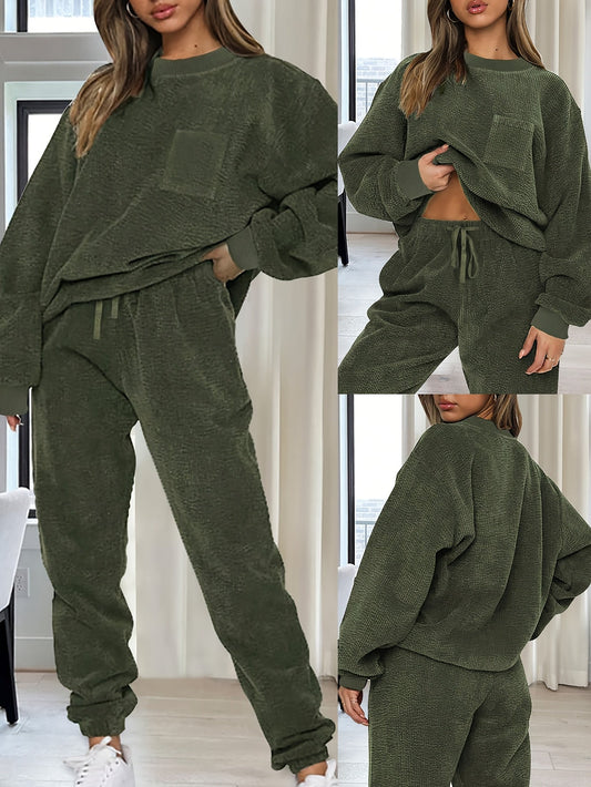 Ensemble Homme Femme Doux Texturé Vert Olive avec Poches