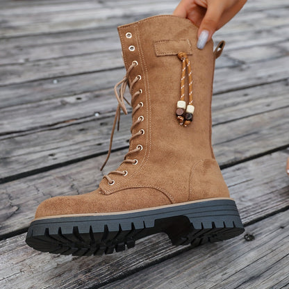 Bottes hautes camel lacées avec fermeture éclair latérale et semelle crantée pour femme