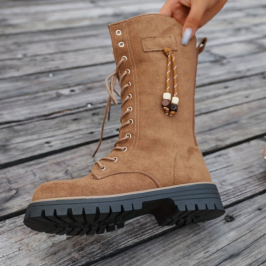 Bottes hautes camel lacées avec fermeture éclair latérale et semelle crantée pour femme
