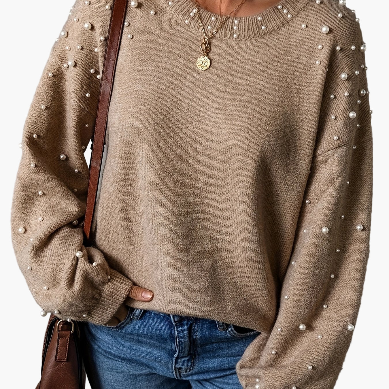 Elegant women's sweater with pearls, casual style, long sleeves