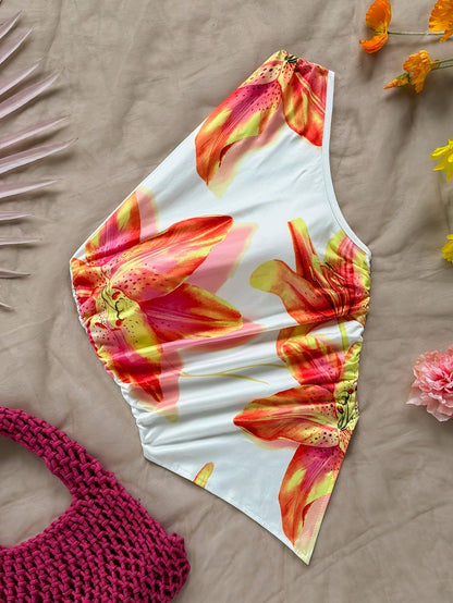 Body une épaule motif floral style élégant pour femme – Idéal printemps/été