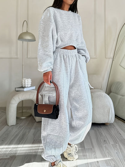 Ensemble survêtement femme décontracté gris clair pull court et pantalon cargo ample