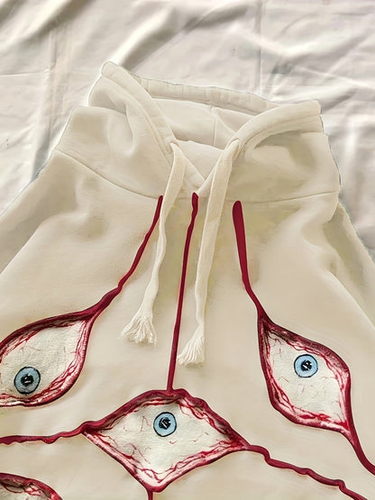 Sweat à Capuche Gris Anthracite Ample avec Motifs Yeux Stylisés