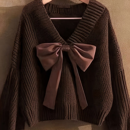 Pull en maille côtelée col V avec grand nœud décoratif pour femme