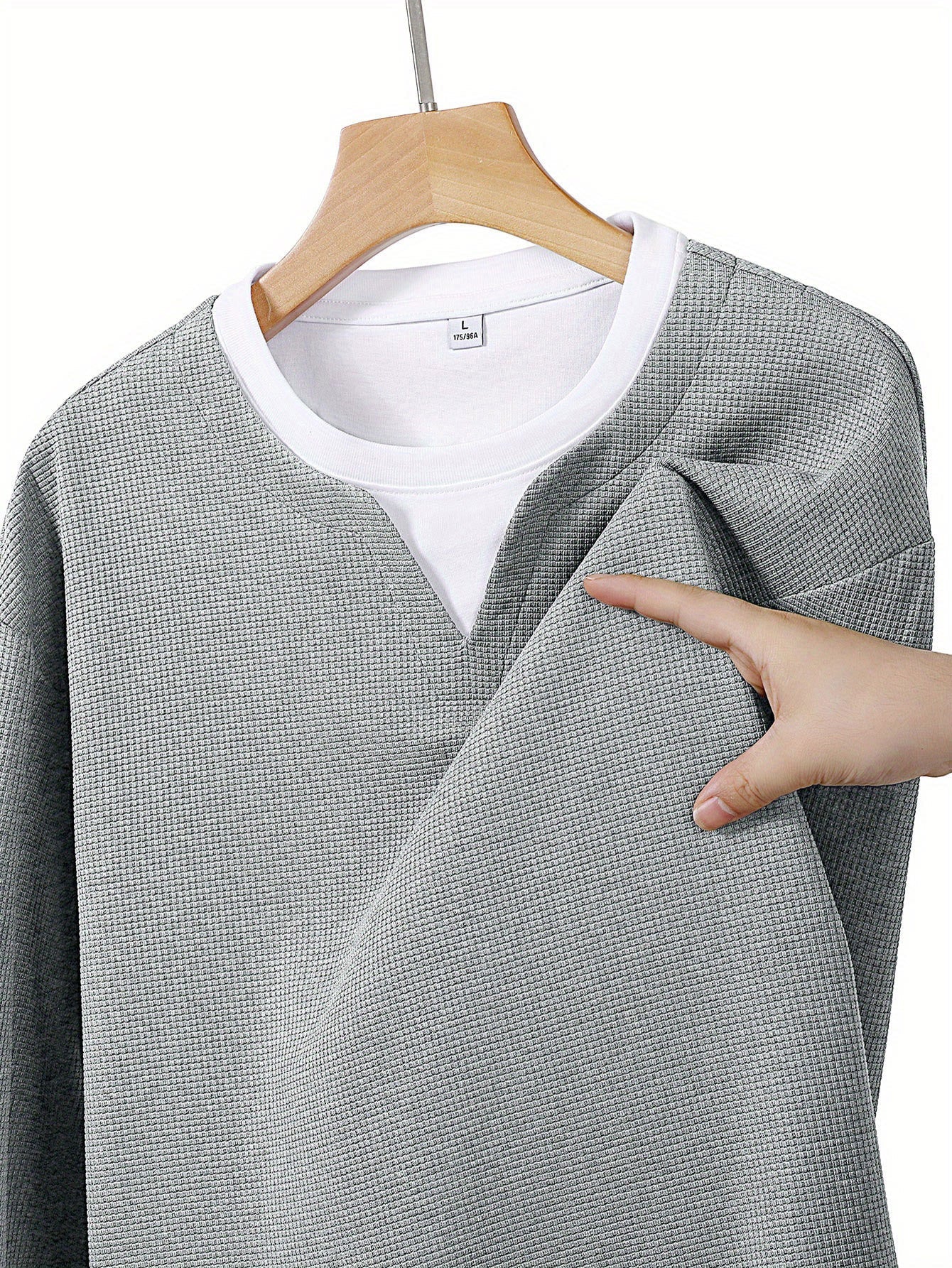 Pull Homme Maille Gaufre Bicolore Col V Manches Longues Gris