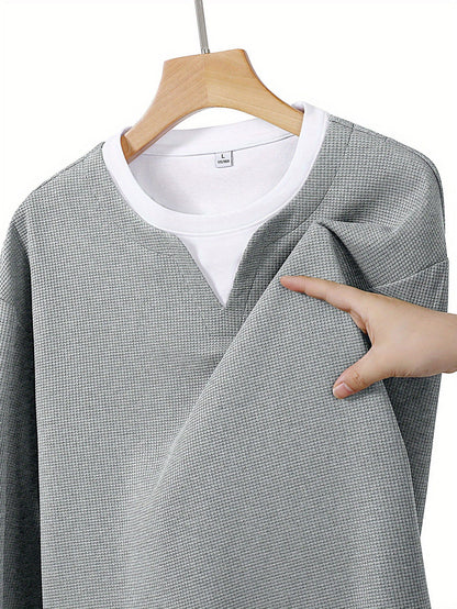 Pull Homme Maille Gaufre Bicolore Col V Manches Longues Gris