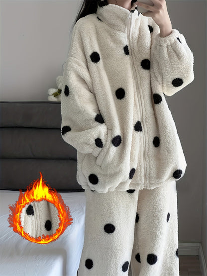 Pyjama Femme Doux Polaire Motif Pois Manches Longues Zip Intégral