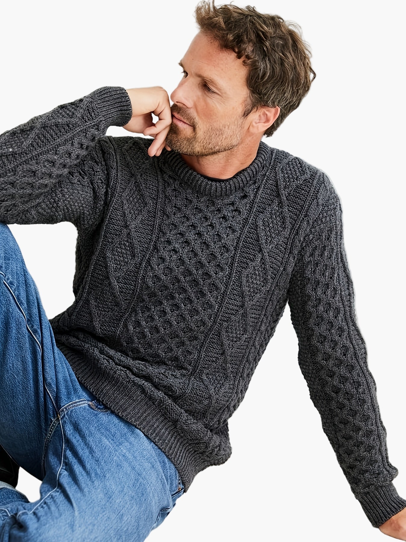 Męski sweter casual z okrągłym, warkoczowym kołnierzem na jesień i zimę