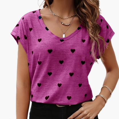 Elegant dam-T-shirt med hjärtmönster, V-ringning, somrig och chic stil